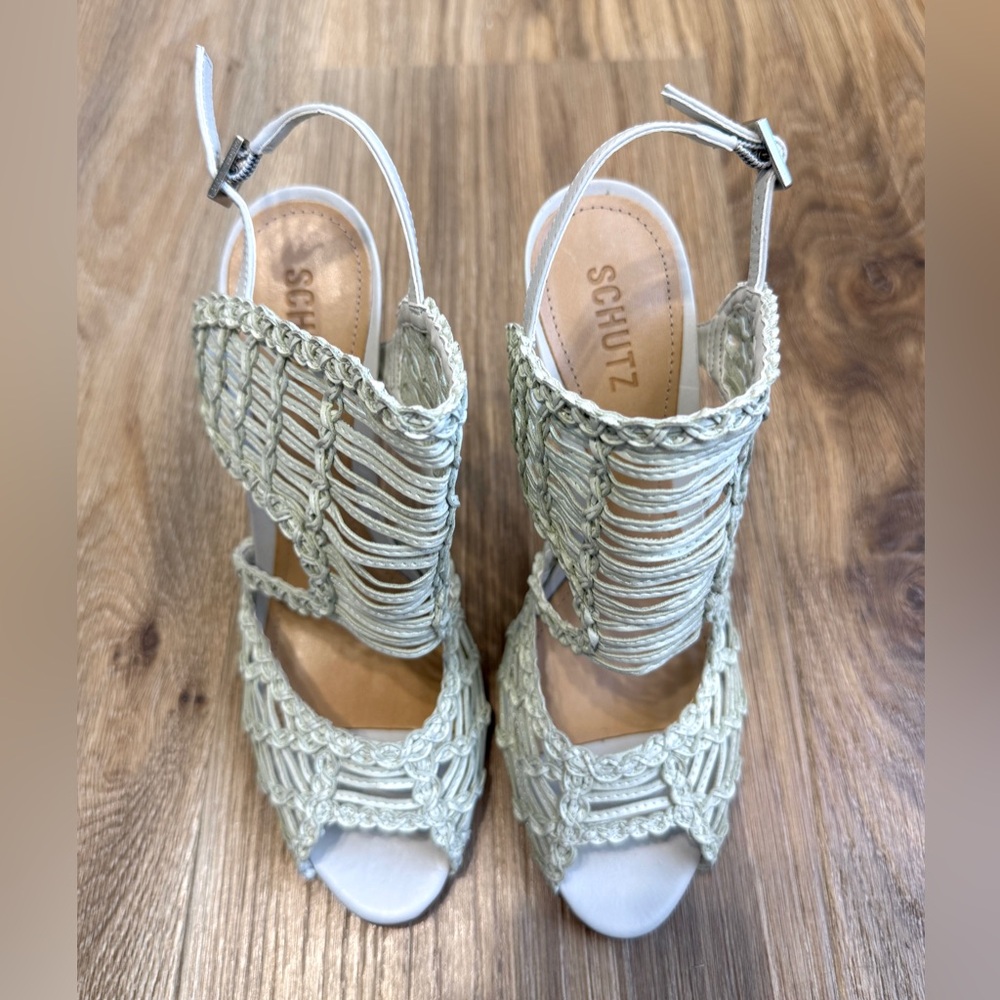 Schutz Thamis Woven Cage Heel Sandals Off White Size 8.5B NWOB - Picture 3 of 8